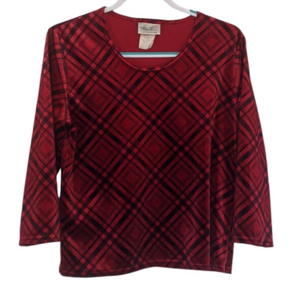 Vintage Plaid Velvet Shirt Red Black Top M Medium Kathie Lee 90s Punk Stretchy - Picture 4 of 9